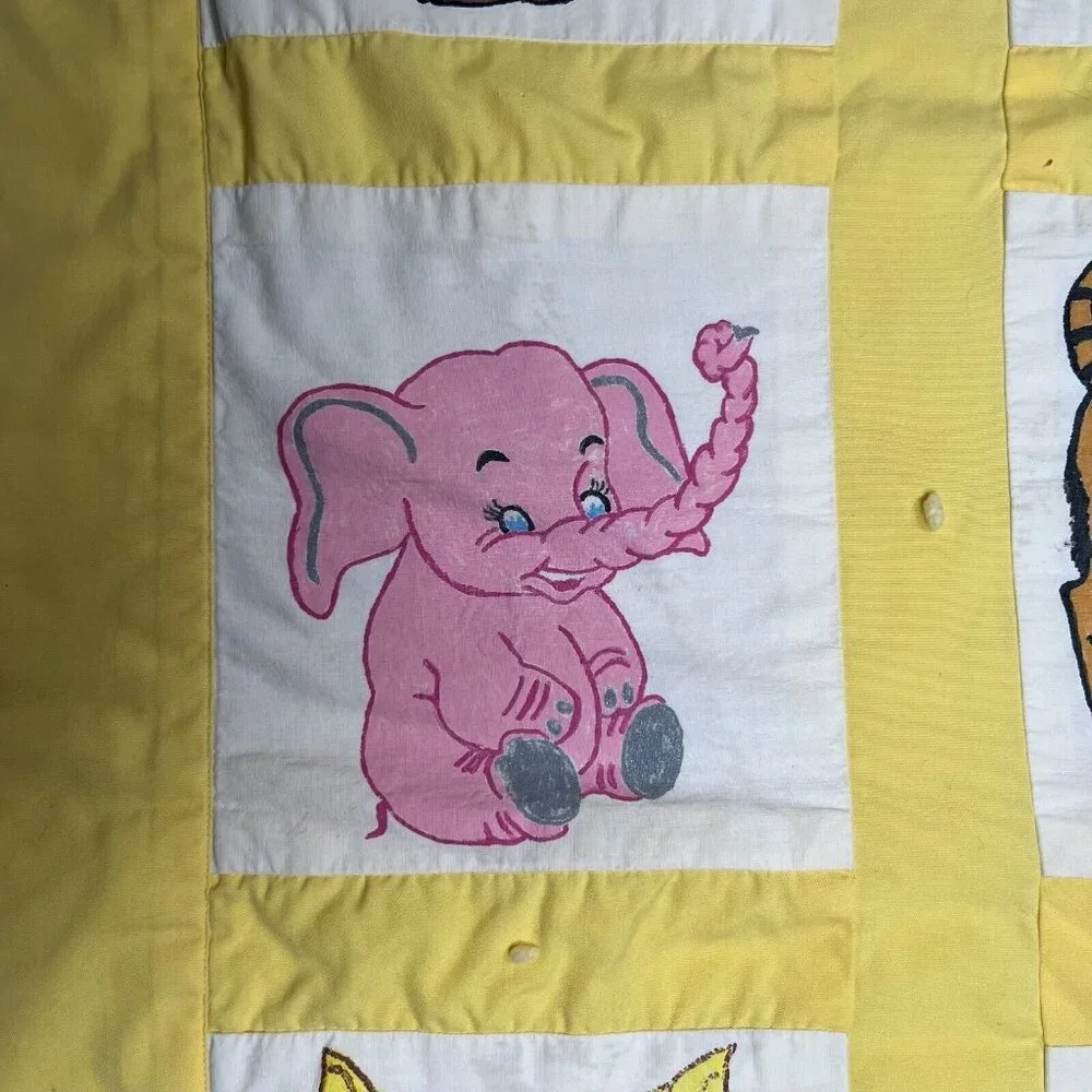 Vintage Handmade Quilt Hand Painted Animals Elephant Tiger Bunny Squirrel Yellow